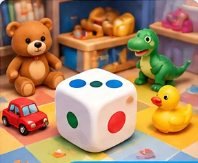Friendly toy animals and dice